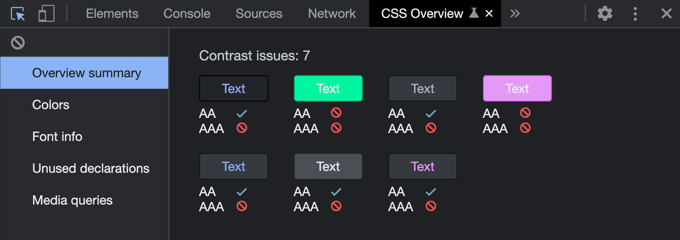 运行“CSS 概览”捕获工具生成的“概览摘要”屏幕截图。该图显示了 7 个对比度问题，显示了发现的颜色配对及其失败结果。
