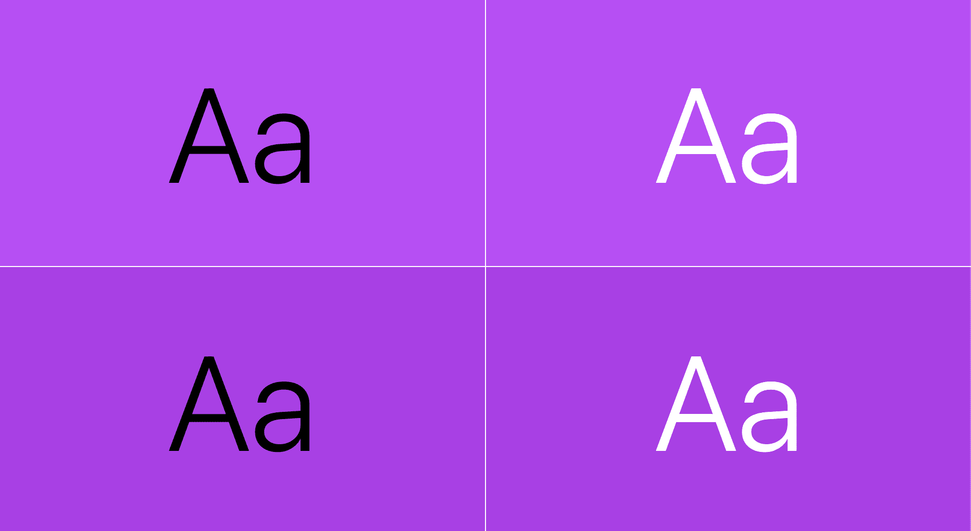 Teks ditampilkan di atas ungu: satu pasangan adalah teks hitam di atas ungu dan yang lainnya adalah teks putih di atas ungu.