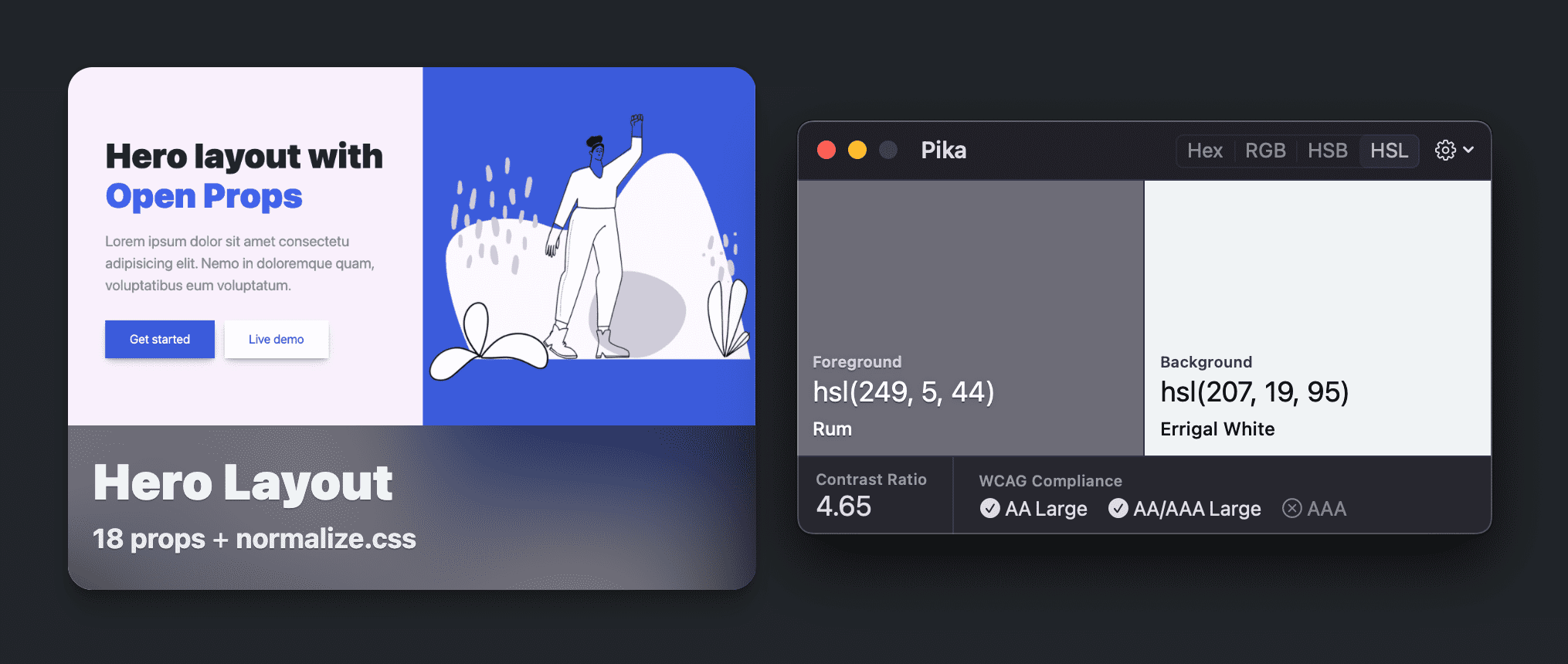 שני צבעים שנראים אפורים אבל הם למעשה סגולים מאוד לא רוויים, בהשוואה לתמונה עם כיתוב מטושטש למחצה. לצבעים יש יחס ניגודיות של 4.65 והם עומדים ביעד של AA.