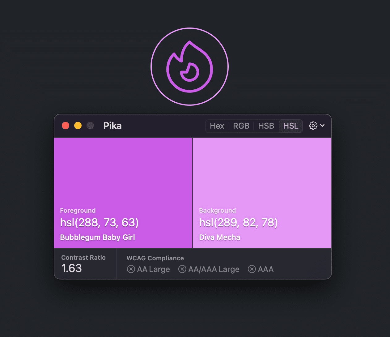 In un'icona a due tonalità vengono confrontati due viola con un rapporto di contrasto di 1, 63 e non superano nessuno dei target WCAG.