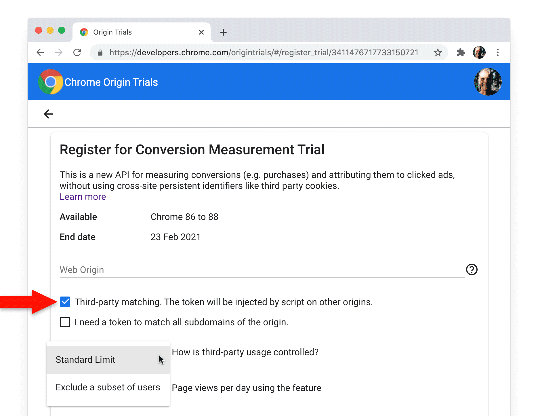 Chrome origin trials registration page for the Conversion Measurement API, with third-party matching checkbox selected.