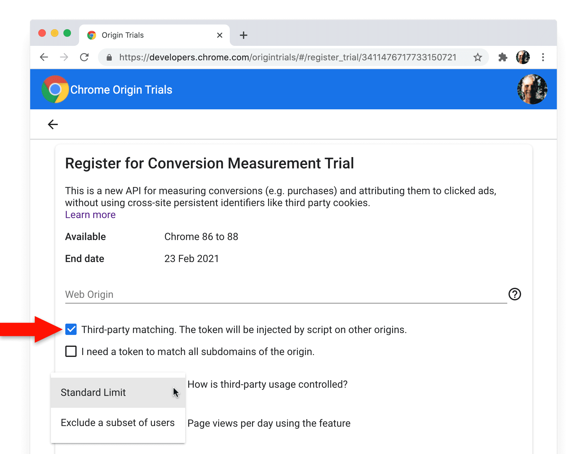 Conversion Measurement API の Chrome オリジン トライアル登録ページ。サードパーティ マッチングのチェックボックスがオンになっている。