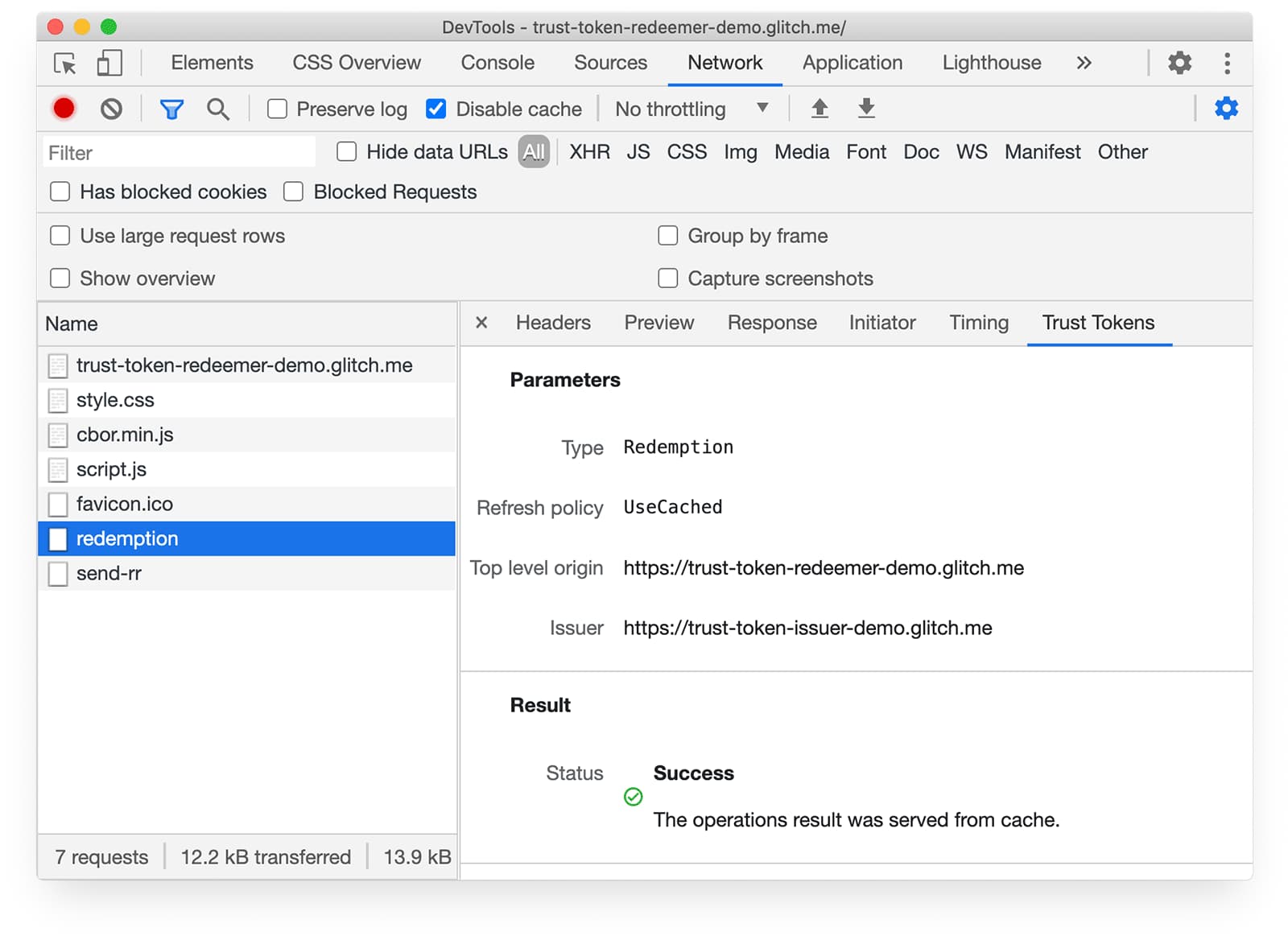 Screenshot yang menunjukkan Trust Token di tab Network di Chrome DevTools.