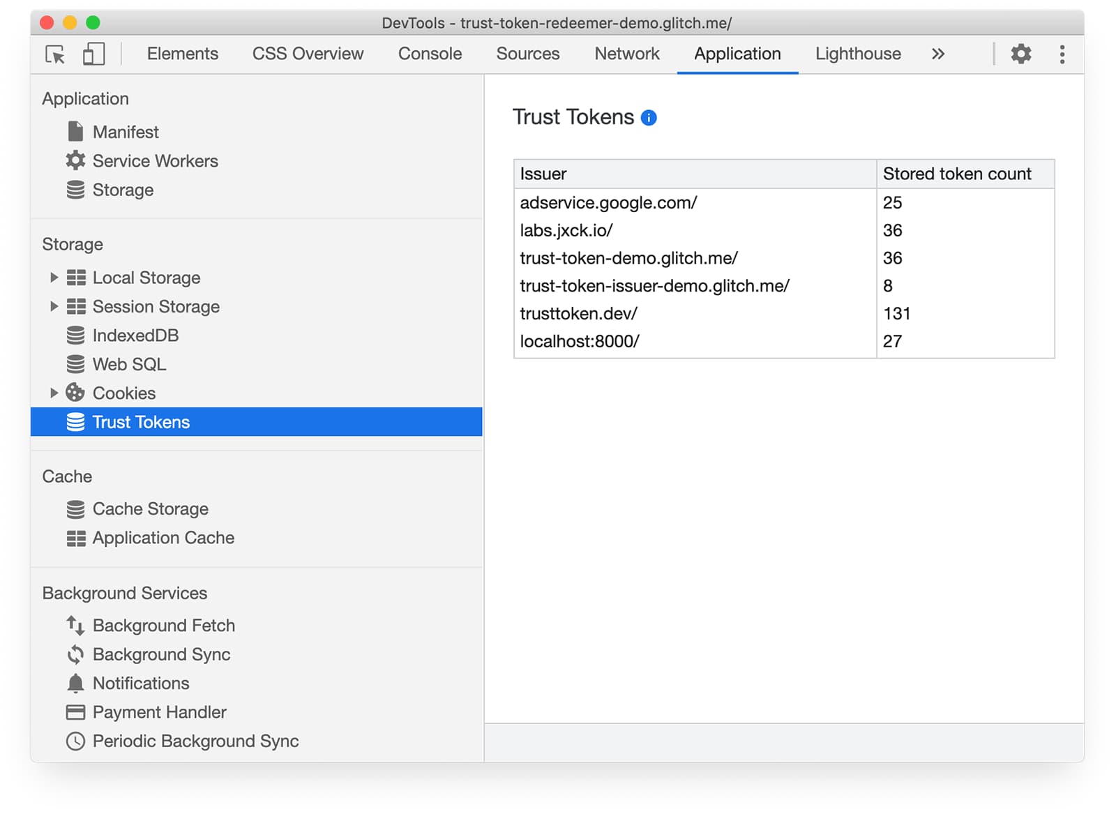 Screenshot mit Trust Tokens auf dem Tab „Anwendung“ der Chrome-Entwicklertools.