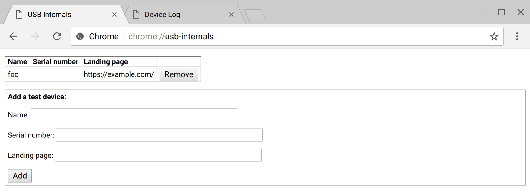 Chrome에서 WebUSB를 디버그하기 위한 내부 페이지 스크린샷
