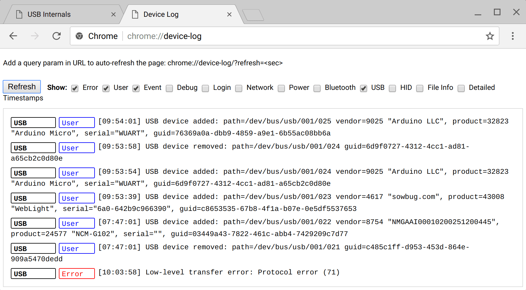 Chrome에서 WebUSB를 디버그하기 위한 장치 로그 페이지 스크린샷