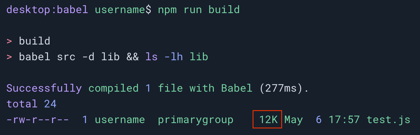 A terminal session showing that the npm run build command has been executed on a Javascript file called test.js. The output file size is 12 kilobytes.