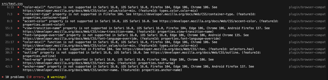 Eine Liste mit Warnungen von Stylelint, in denen CSS-Code hervorgehoben wird, der in älteren Browsern nicht funktioniert.