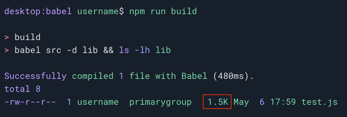 2 つ目のターミナル セッション。babel が Baseline 2020 をターゲットに設定されている場合、npm run build コマンドで 1.5 キロバイトのファイルが生成されたことを示しています。