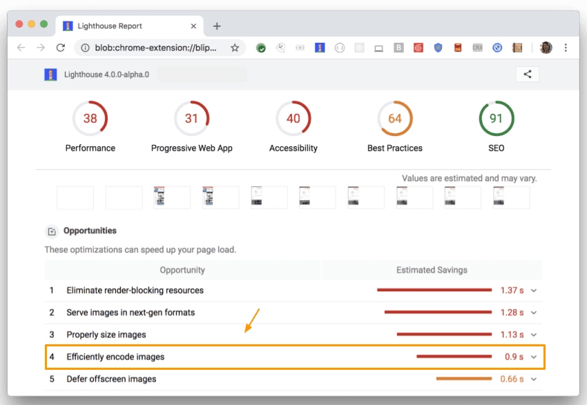 Lighthouse report with 'Efficiently encode images' entry highlighted.