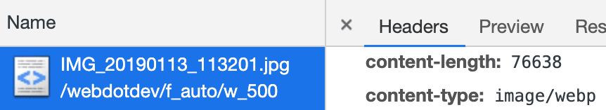 Chrome DevTools mostrando o cabeçalho de tipo de conteúdo WebP para um arquivo disponibilizado pelo Cloudinary