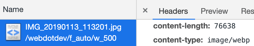 เครื่องมือสำหรับนักพัฒนาเว็บใน Chrome แสดงส่วนหัวประเภทเนื้อหา WebP สำหรับไฟล์ที่ Cloudinary แสดง
