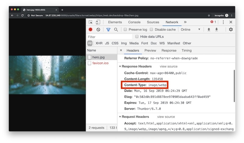 Screenshot DevTools yang menampilkan jenis konten (WebP) gambar