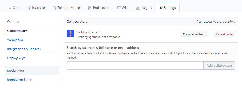 Lighthouse bot の共同編集者のステータス