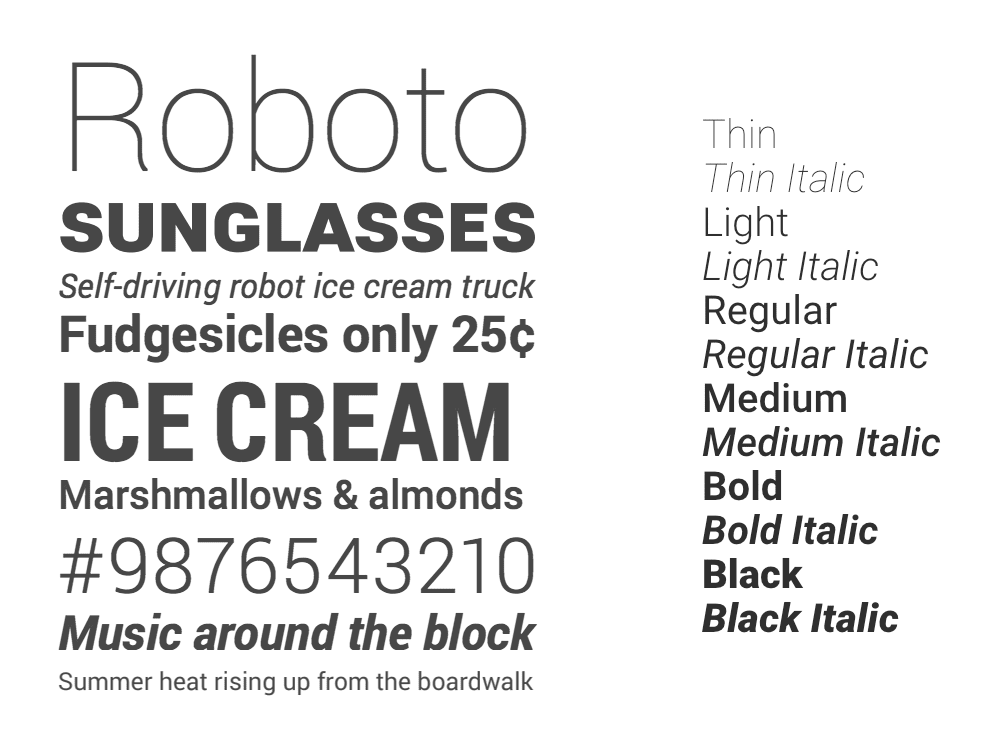 A specimen composition and list of different styles of the Roboto family.