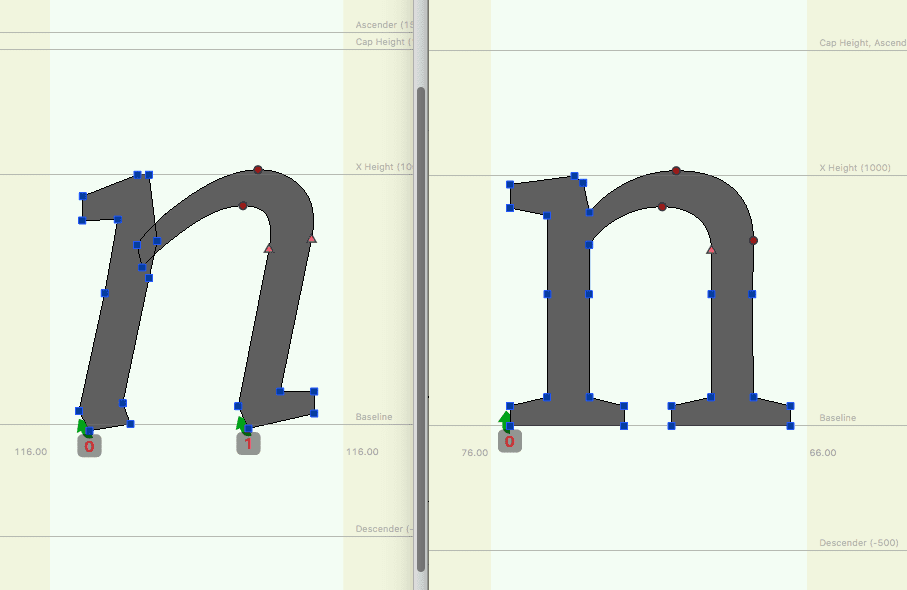 Contoh Sumbu Ketebalan untuk typeface Amstelvar.