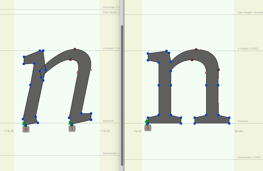 نمونه ای از محورهای وزن برای حروف چاپی Amstelvar