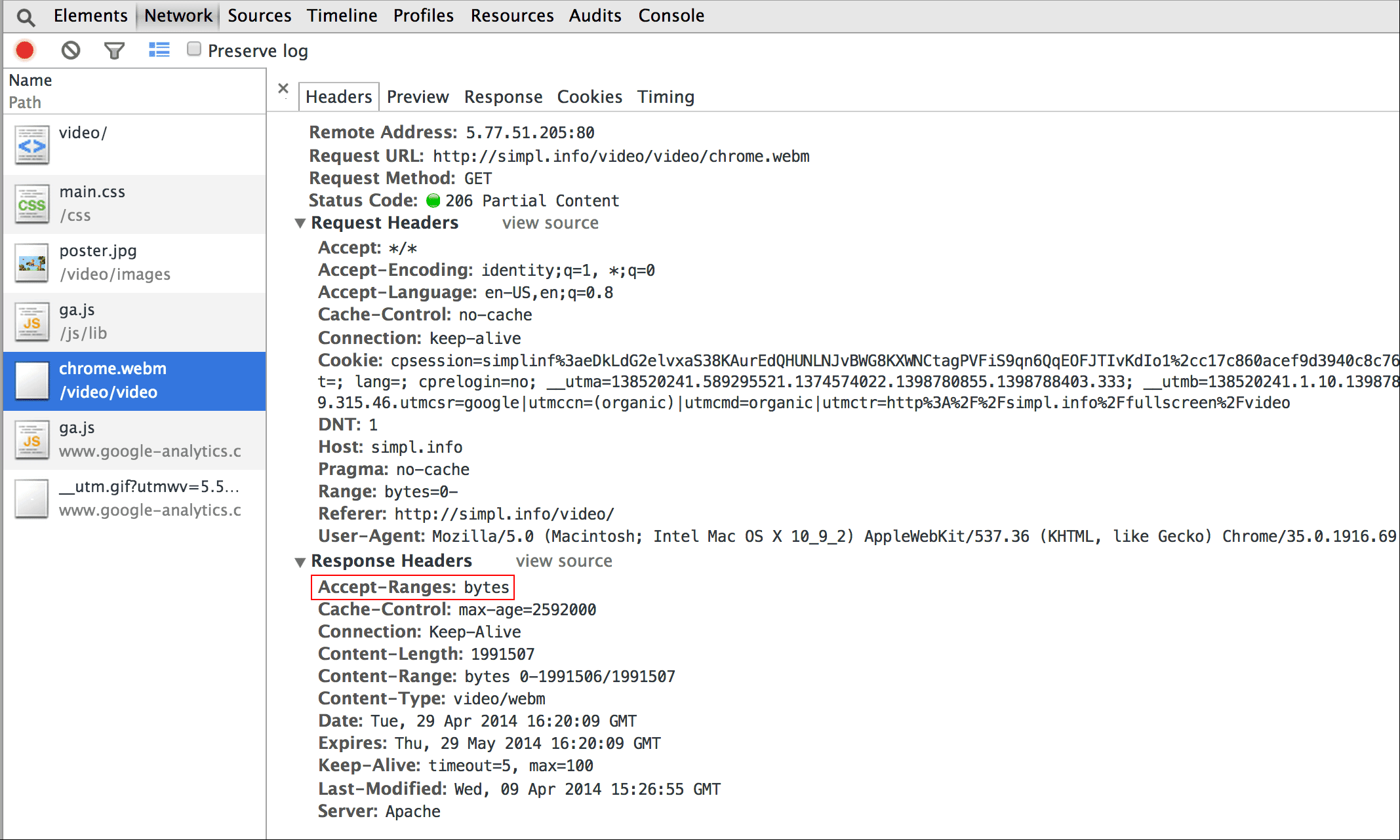 Screenshot der Chrome-Entwicklertools: Accept-Ranges: bytes.