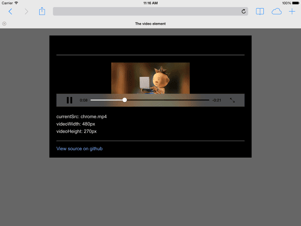 Скриншот видео, воспроизводимого в Safari на iPad, альбомная ориентация.