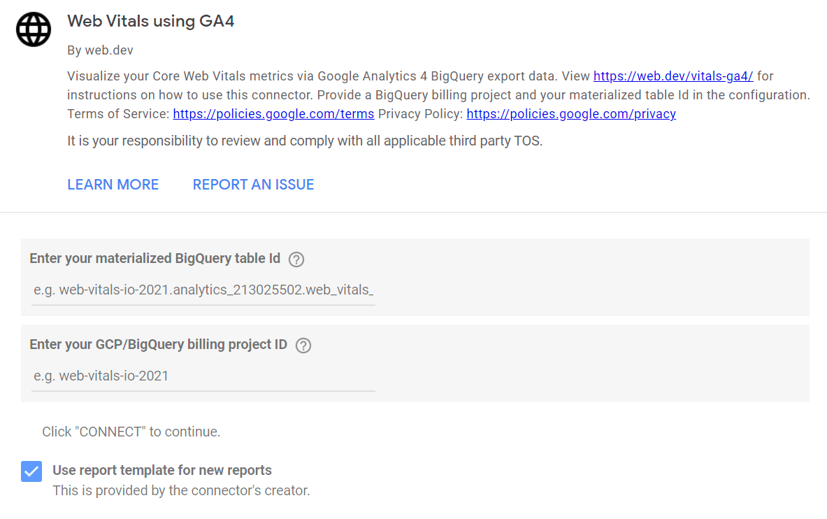 Autorisierungsbildschirm des Web Vitals-Connectors