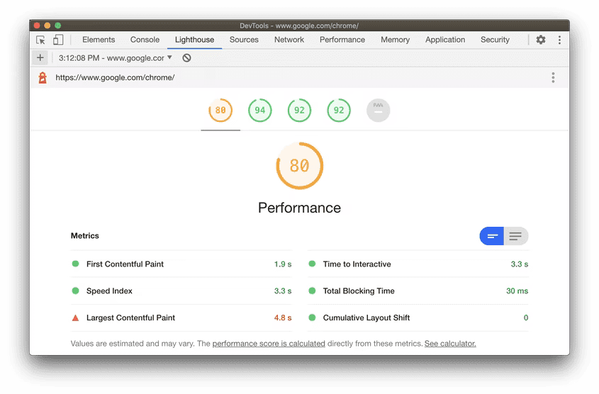 Report Lighthouse in Chrome DevTools. Il report suddivide i punteggi in cinque categorie e il report si concentra sul &quot;Rendimento&quot; di Google, con i risultati nella parte inferiore della finestra del report.