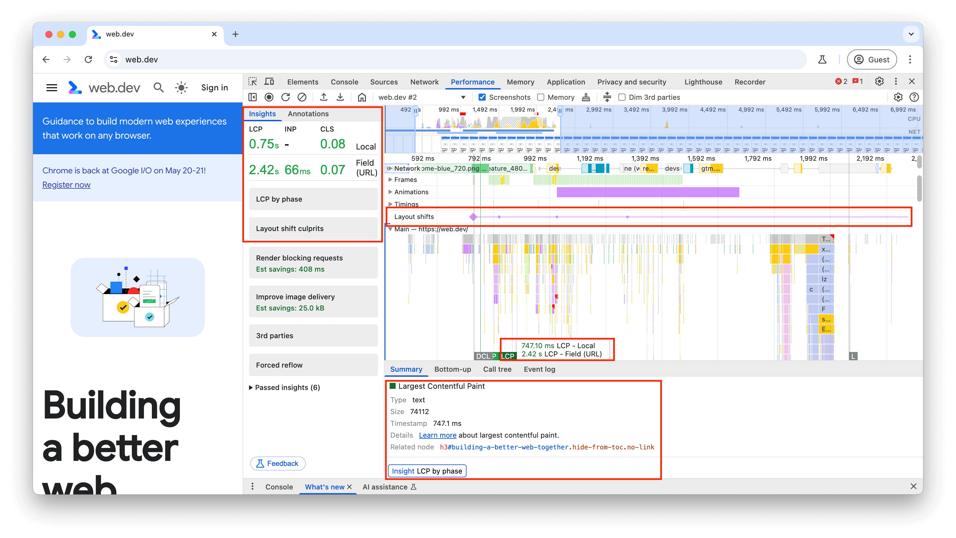 Rastro do painel de desempenho do Chrome DevTools mostrando o Flame Chart com uma tarefa longa em destaque