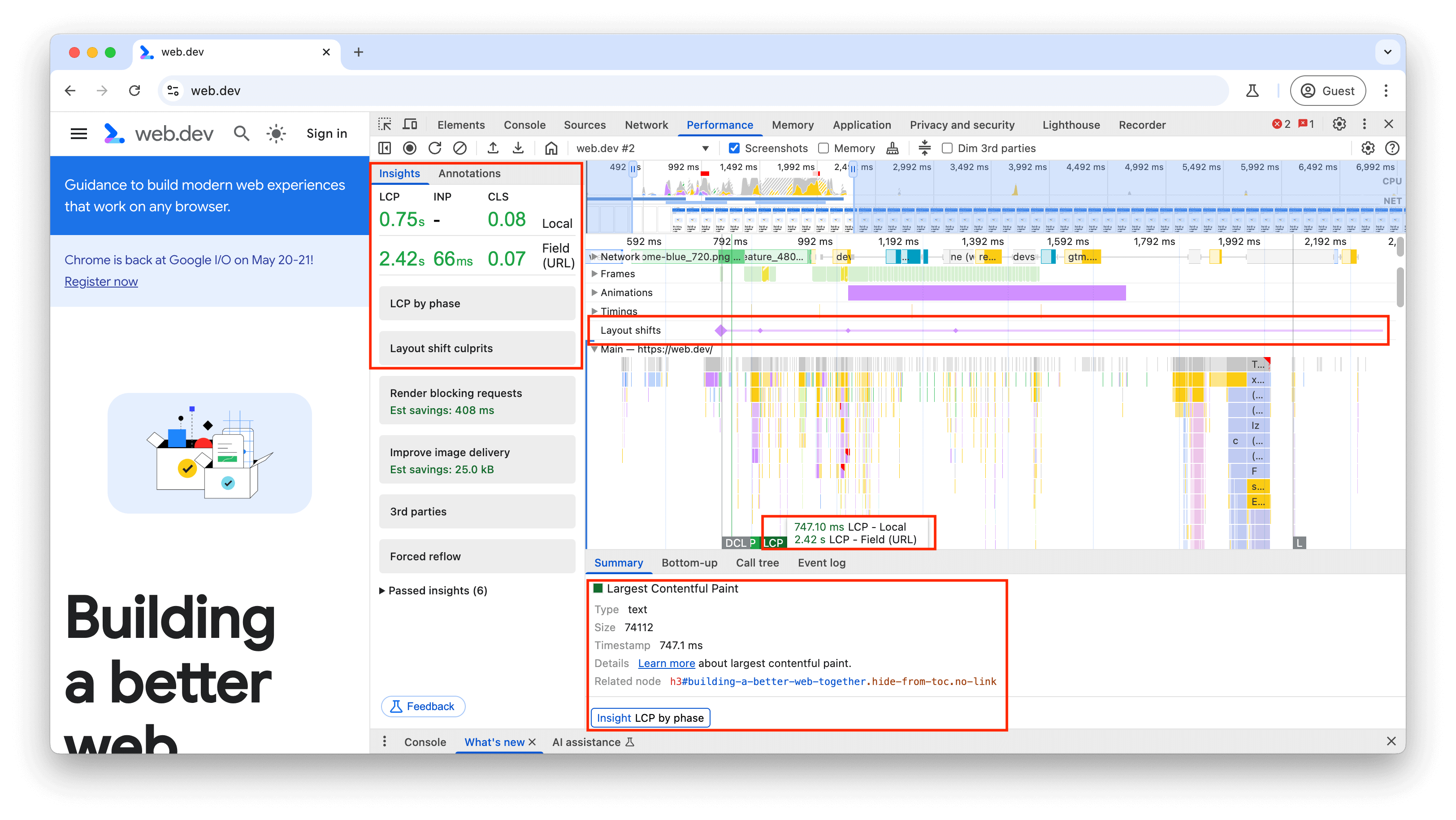 長いタスクがハイライト表示されたフレーム チャートを示す Chrome DevTools の [パフォーマンス] パネルのトレース