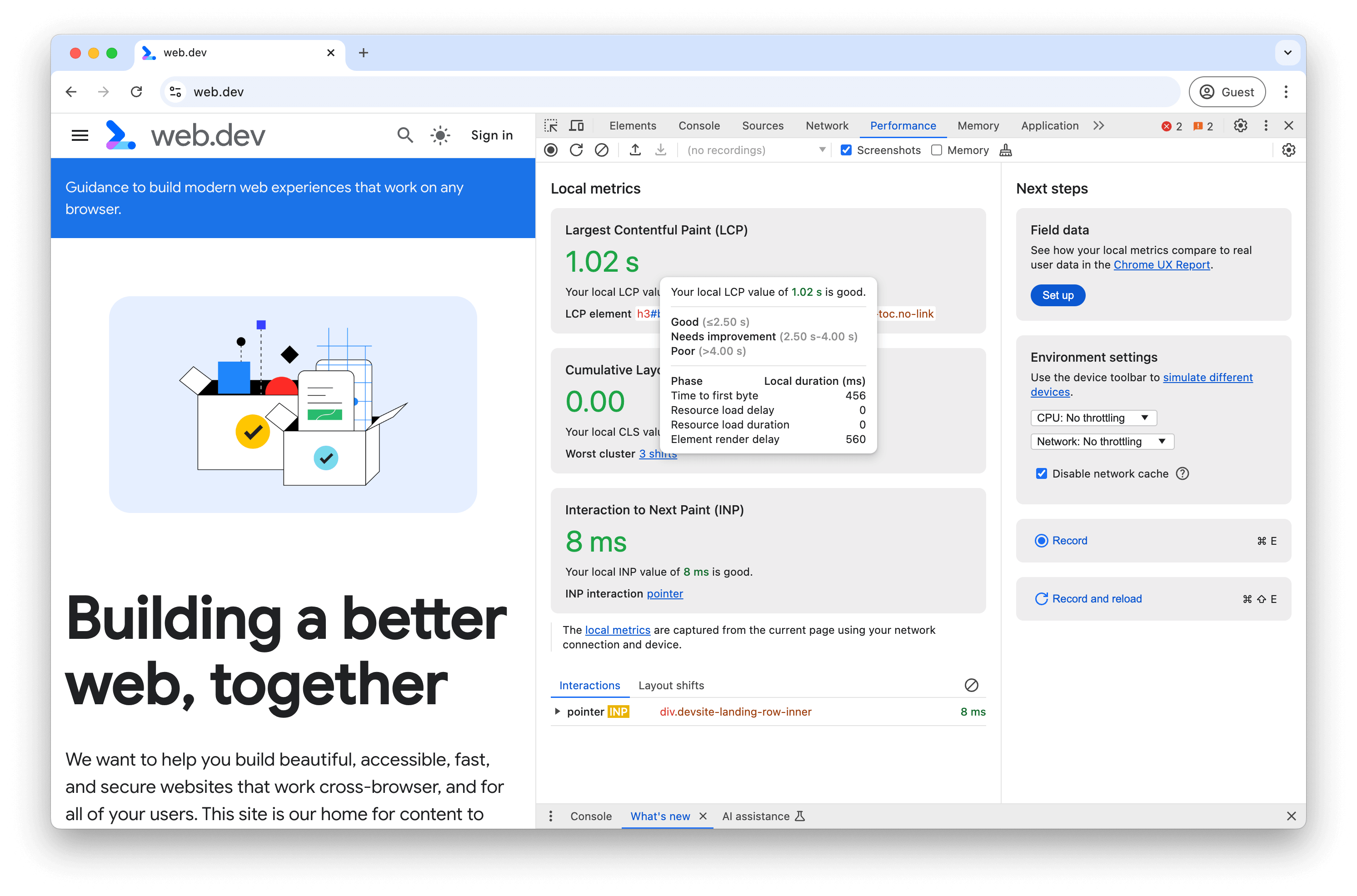 Vue des métriques en direct dans le panneau "Performances" des outils pour les développeurs Chrome