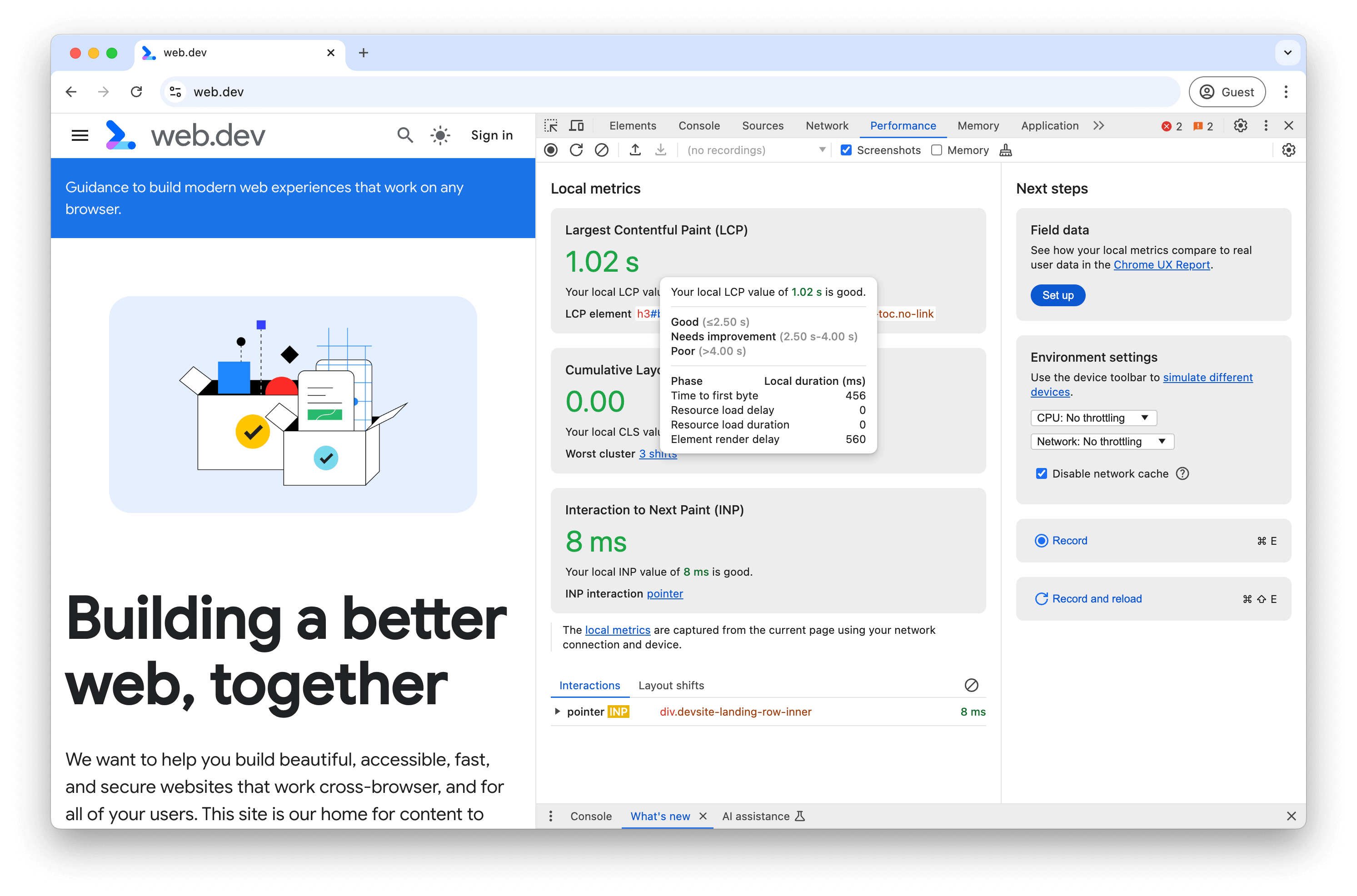 Chrome DevTools 성능 패널의 실시간 측정항목 보기