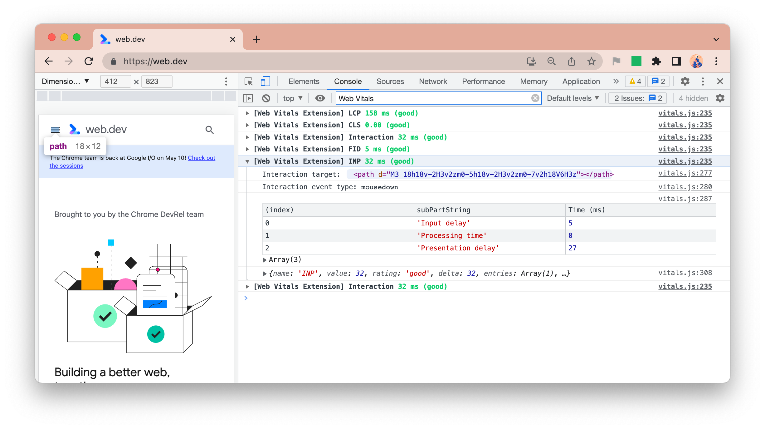 Logging der Web Vitals-Erweiterung in der Konsole mit Informationen zu INP-Ziel, Ereignistyp und Aufschlüsselung