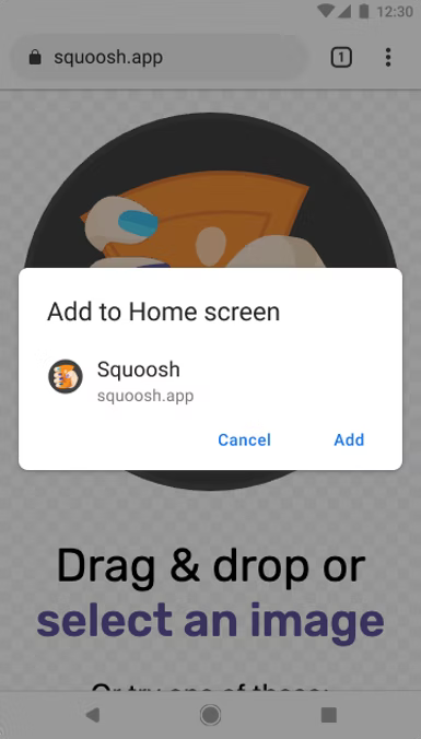 Boîte de dialogue d'installation par défaut du navigateur pour mobile.