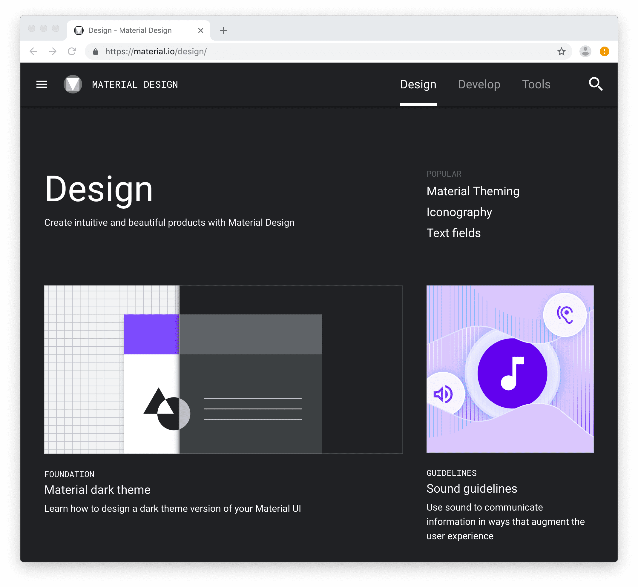 Page d&#39;accueil de Material Design, https://material.io.