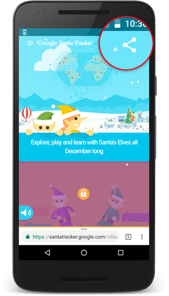 تطبيق Santa Tracker يعرض زر المشاركة.