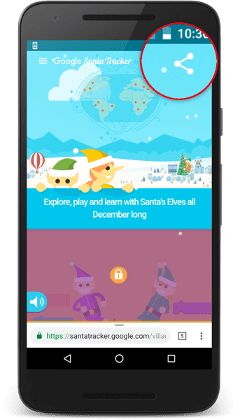 L'application Sur la piste du Père Noël affichant un bouton de partage.