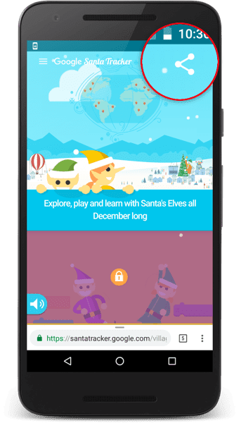 공유 버튼이 표시된 산타 추적기 앱