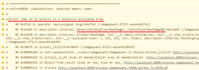 Ảnh chụp màn hình thông báo &quot;Direct leak of 12 bytes&quot; (Rò rỉ trực tiếp 12 byte) từ hàm GenericBindingType RawImage ::toWireType