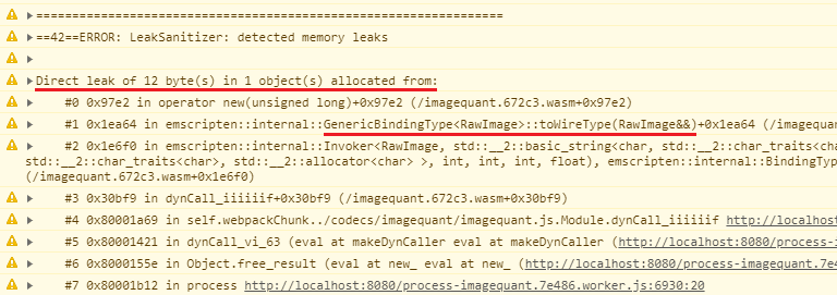 Captura de pantalla de un mensaje que dice “Fuga directa de 12 bytes” que proviene de una función GenericBindingType RawImage ::toWireType