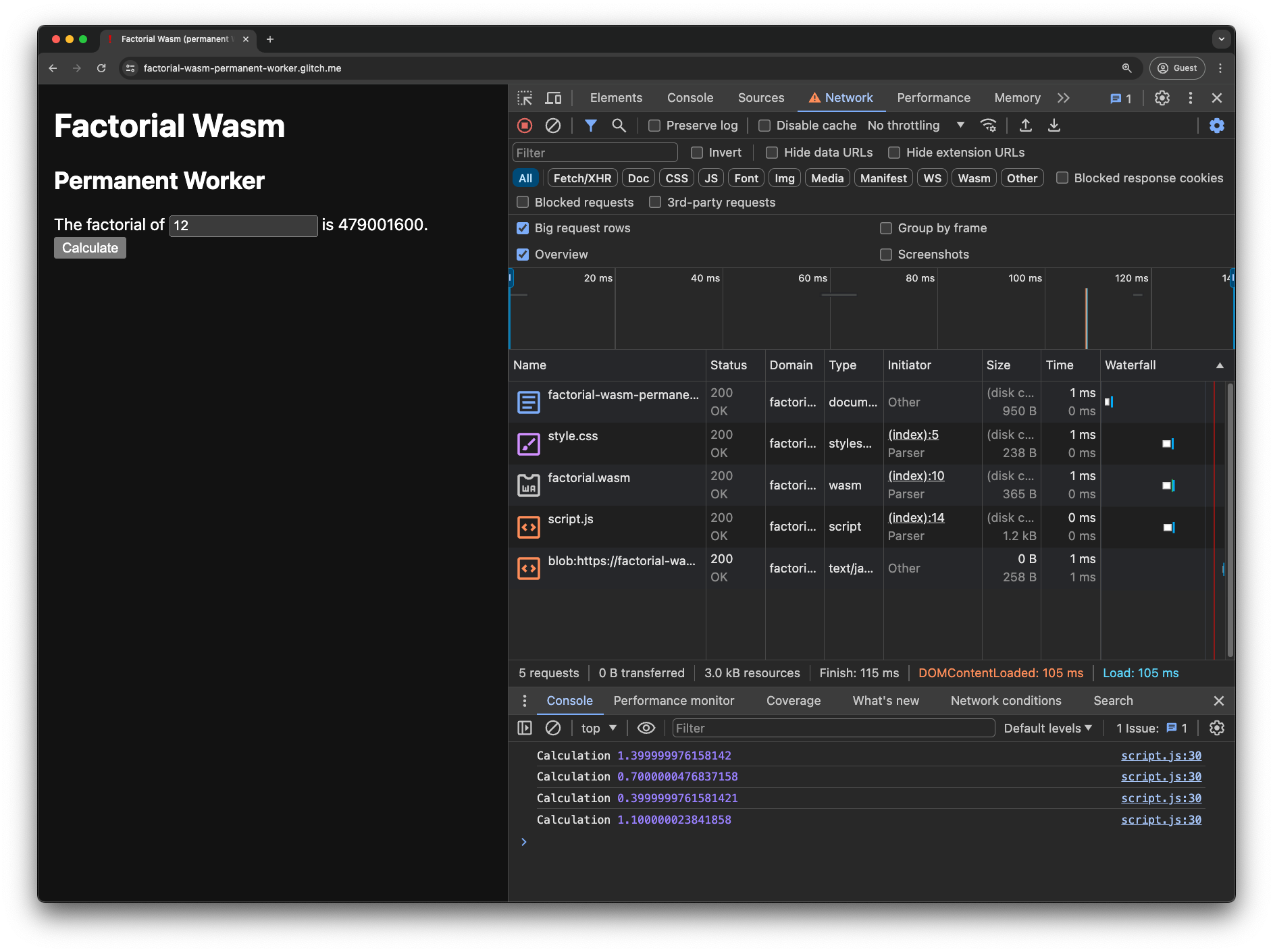 Factorial Wasm demo app with a permanent Worker. Chrome DevTools are open. There is just one blob: URL request in the Network tab and the Console shows four calculation timings.