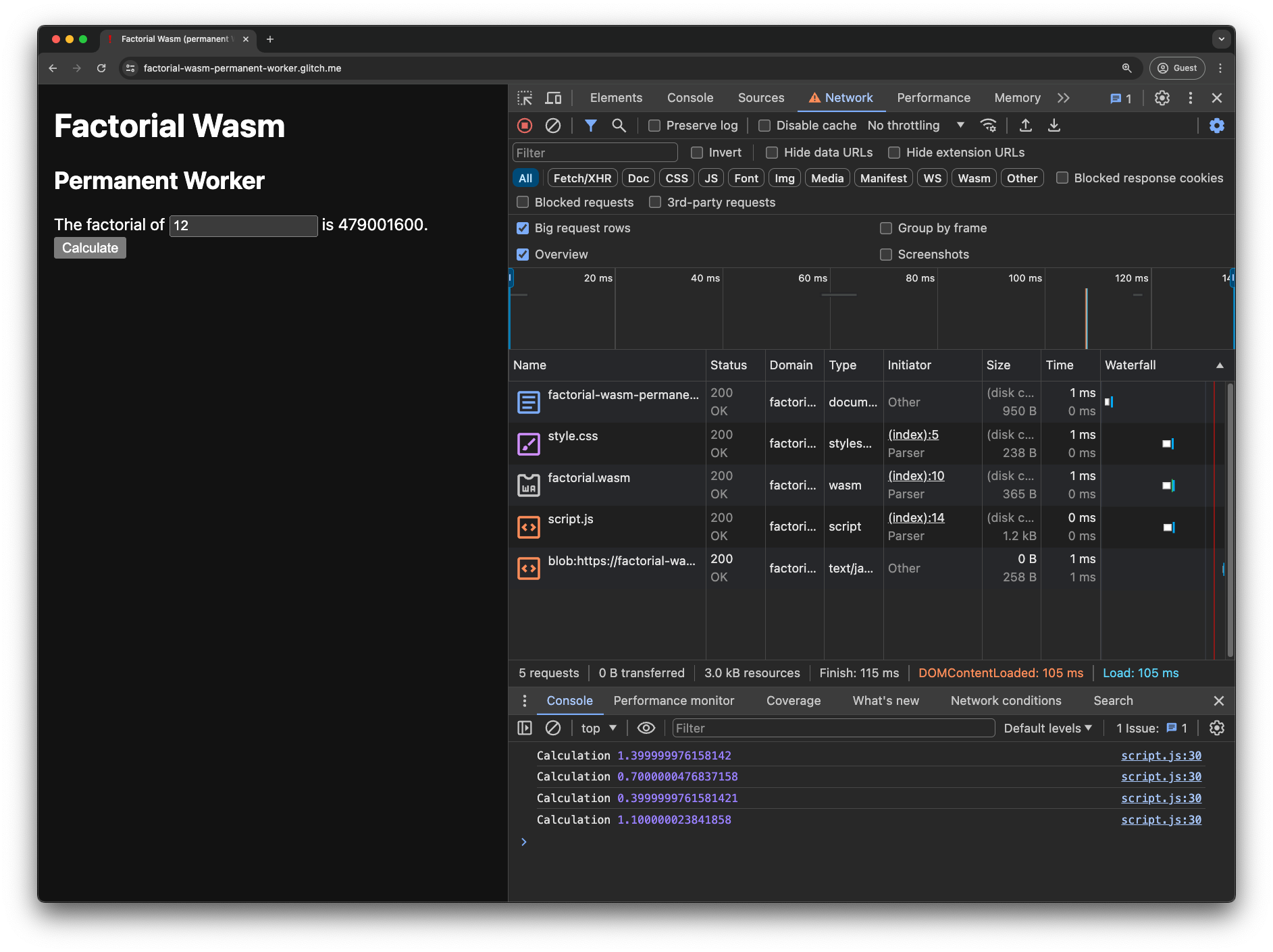 แอปเดโมของ Factorial Wasm ที่มีผู้ปฏิบัติงานถาวร เครื่องมือสำหรับนักพัฒนาเว็บใน Chrome เปิดอยู่ มี BLOB เพียงรายการเดียว คือ คำขอ URL ในแท็บ &quot;เครือข่าย&quot; และ Console แสดงเวลาคำนวณ 4 รายการ