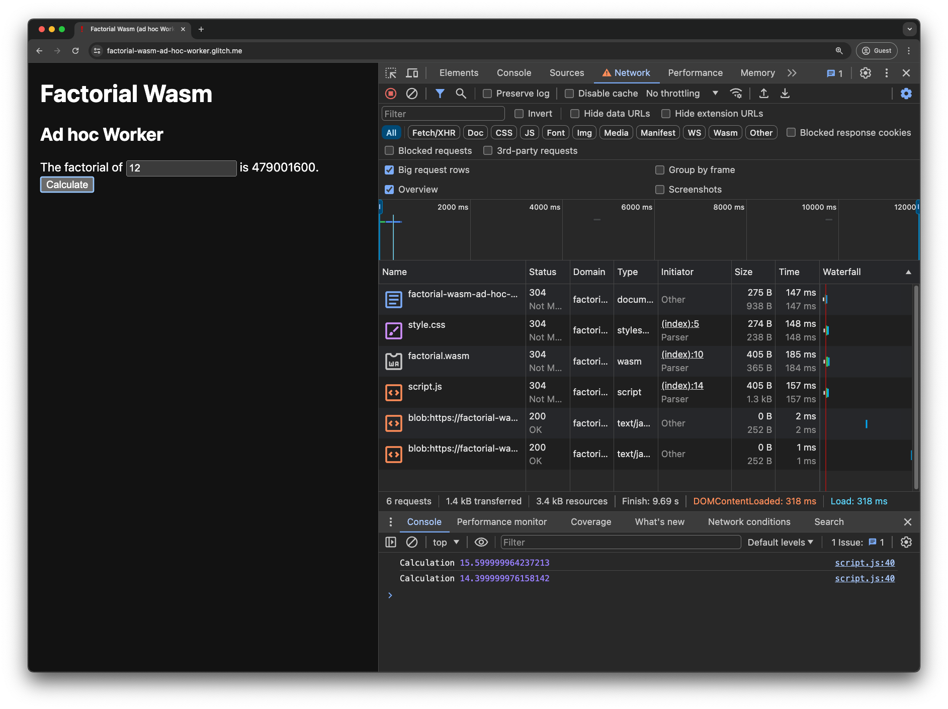 App de demostración de Wasm factorial con un Worker ad hoc. Las Herramientas para desarrolladores de Chrome están abiertas. Hay dos solicitudes de URL de blob en la pestaña Red, y la consola muestra dos tiempos de cálculo.
