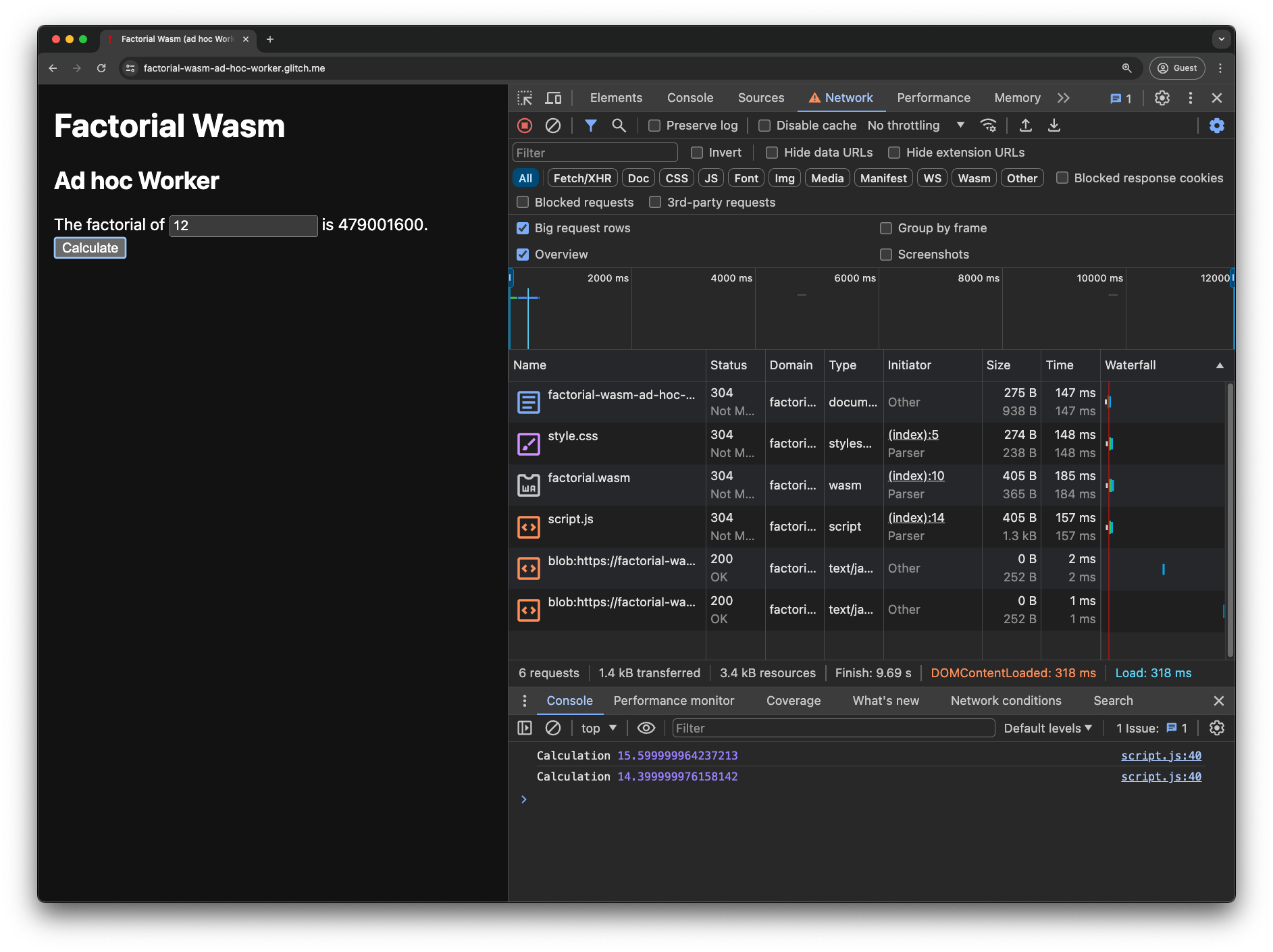 App demo di Factorial Wasm con un worker ad hoc. Chrome DevTools sono aperti. Sono presenti due BLOB: Richieste URL nella scheda Rete e nella console vengono visualizzati due tempi di calcolo.