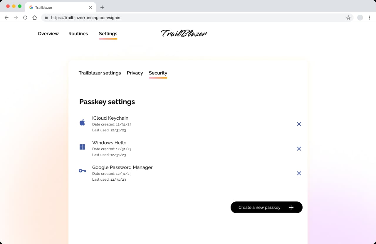As configurações de chave de acesso na página de configurações de segurança mostram informações detalhadas sobre cada chave.