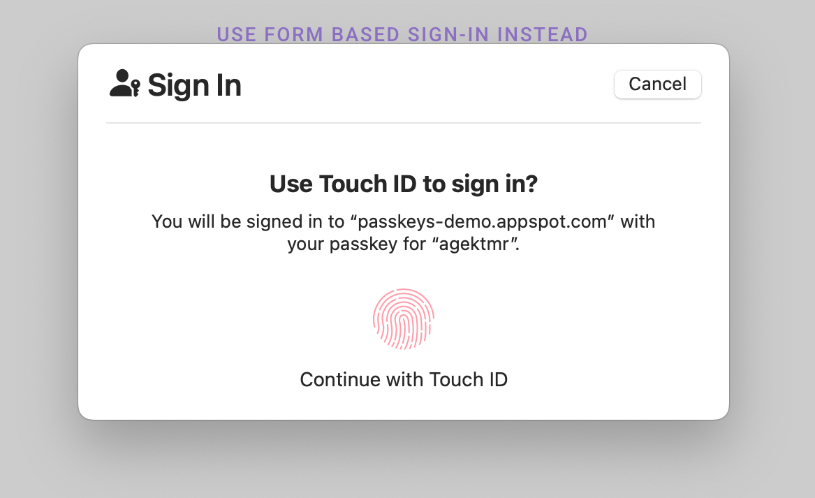 macOS の iCloud キーチェーンのユーザー確認ダイアログのスクリーンショット。このダイアログでは、ユーザーに Touch ID を使用してログインするよう求めるメッセージが表示され、認証を要求しているオリジンとユーザー名が表示されます。ダイアログの右上には、[キャンセル] ボタンがあります。