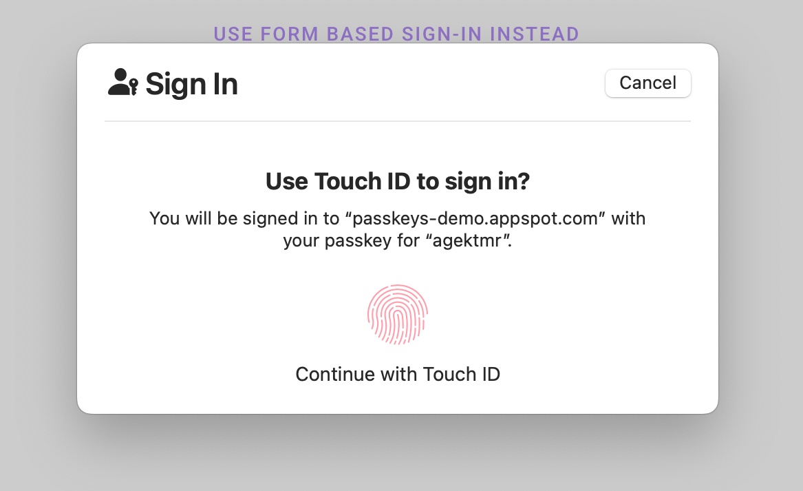 Capture d&#39;écran d&#39;une boîte de dialogue de validation de l&#39;utilisateur dans le trousseau iCloud sur macOS. La boîte de dialogue invite l&#39;utilisateur à se connecter à l&#39;aide de Touch ID, en affichant l&#39;origine de la demande d&#39;authentification, ainsi que le nom d&#39;utilisateur. En haut à droite de la boîte de dialogue se trouve un bouton &quot;Annuler&quot;.