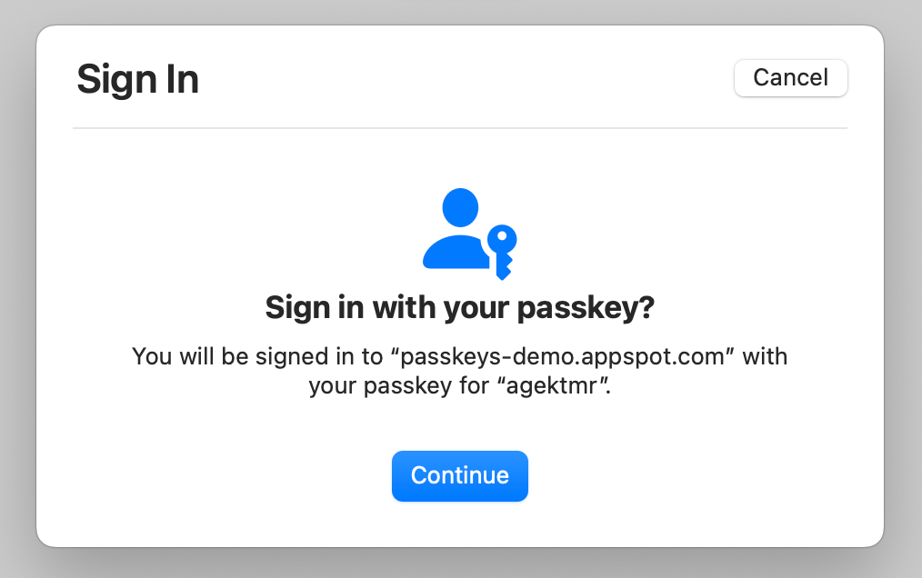 Touch ID が利用できない場合に表示される macOS のパスキー ダイアログのスクリーンショット。ダイアログには、認証を要求しているオリジンやユーザー名などの情報が含まれます。ダイアログの右上には、[キャンセル] ボタンがあります。