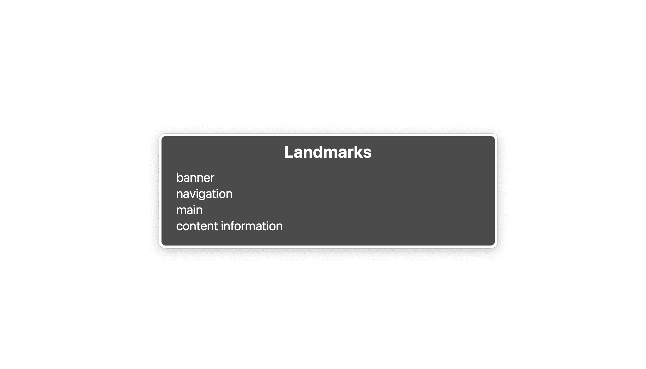 Una lista de cuatro puntos de referencia: banner, navegación, principal y contenido.