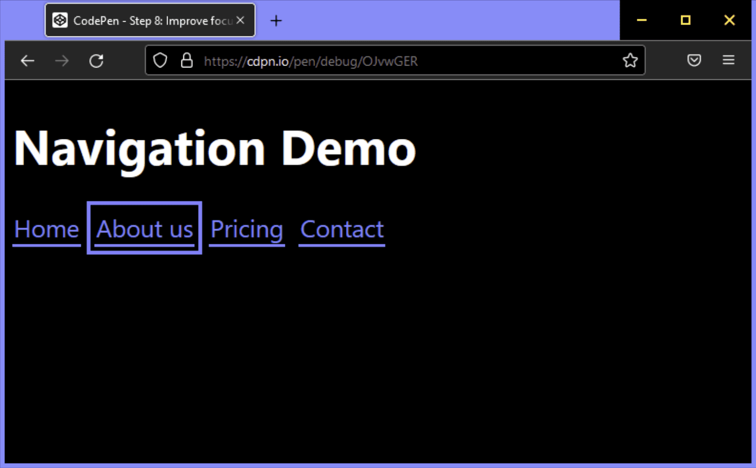 A site with a dark background with the focus highlighted in purple.