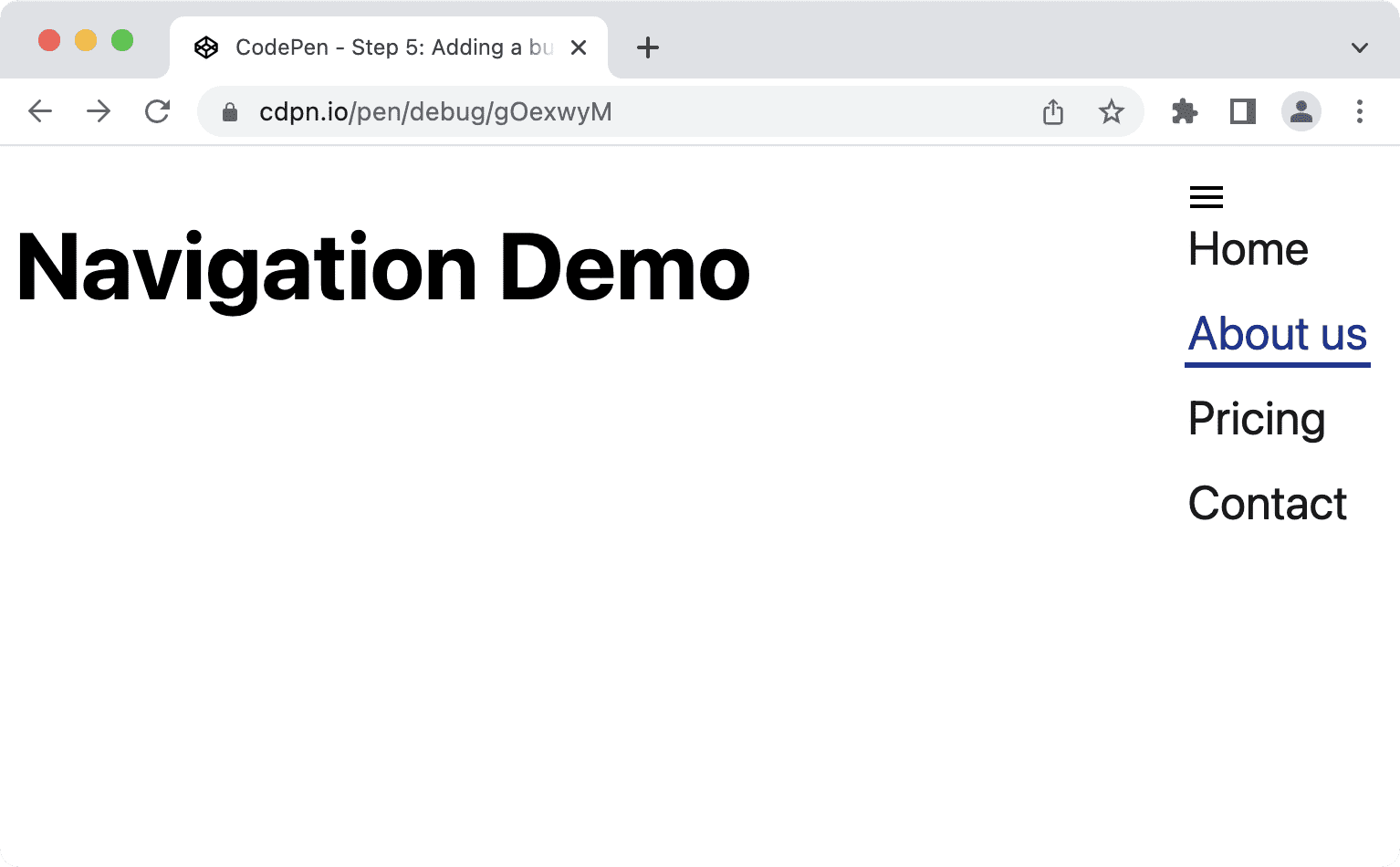 Die Seite mit der Navigationsliste und der Dreistrich-Schaltfläche.