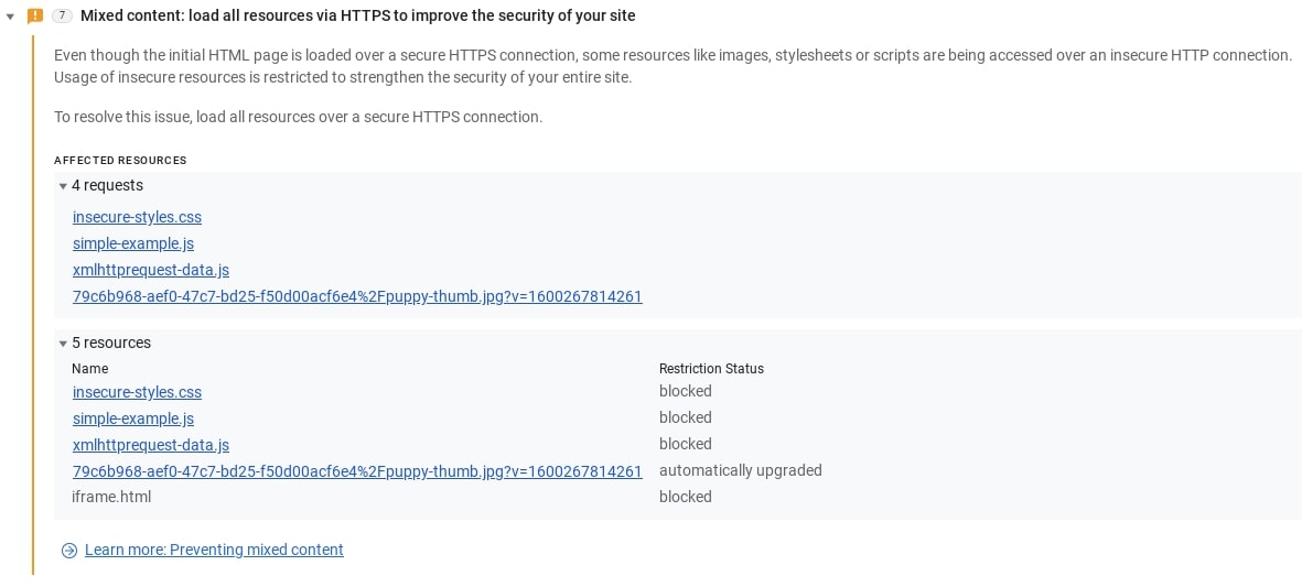 La pestaña Problemas de las Herramientas para desarrolladores de Chrome muestra información detallada sobre el problema específico de contenido mixto y cómo solucionarlo