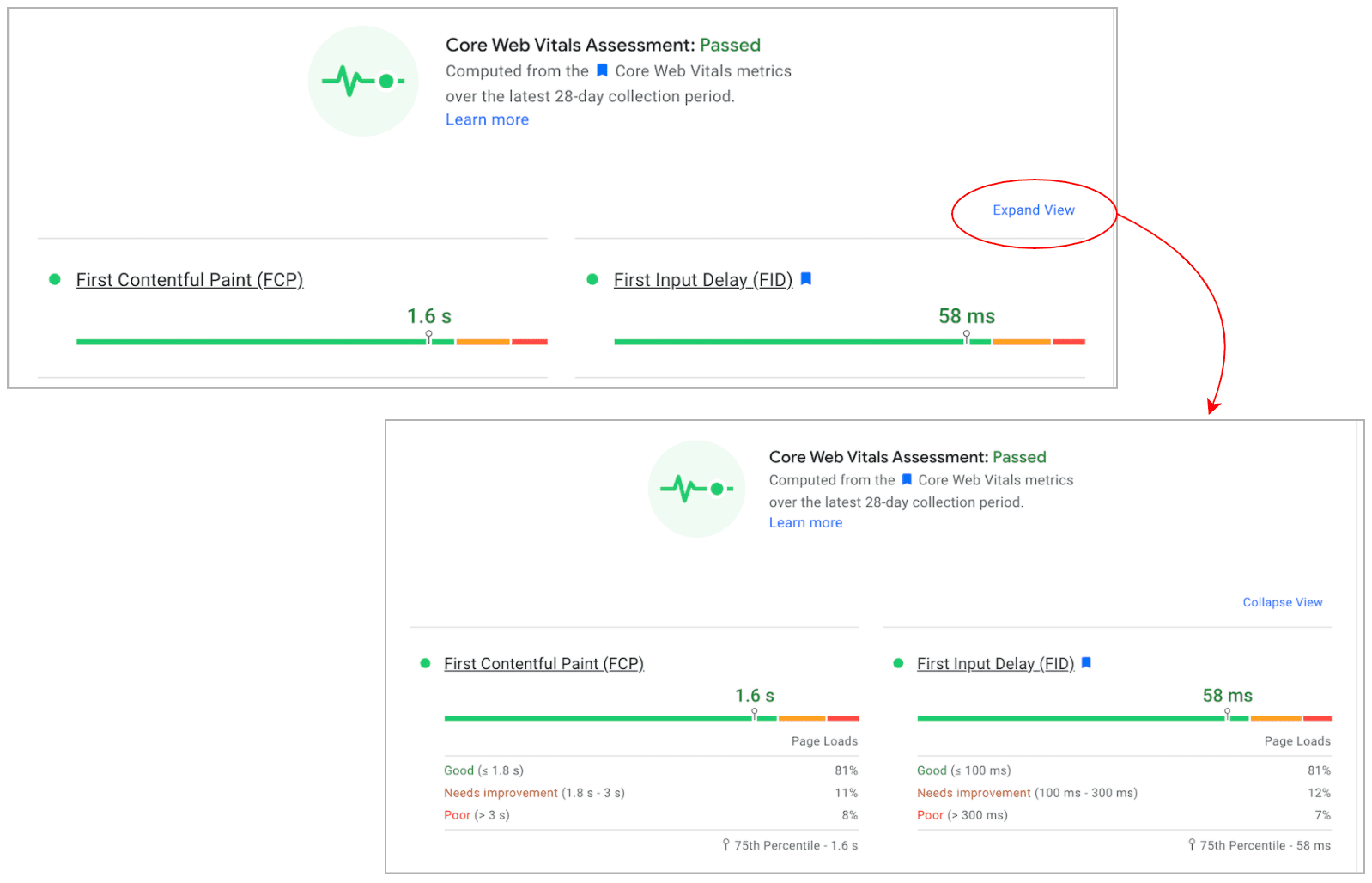 Visualização recém-expandida com detalhamento das métricas de dados de campo.